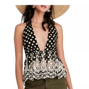 Free People Lunch Date Halter Top Polka Dot Lace Black Cream Size XS
